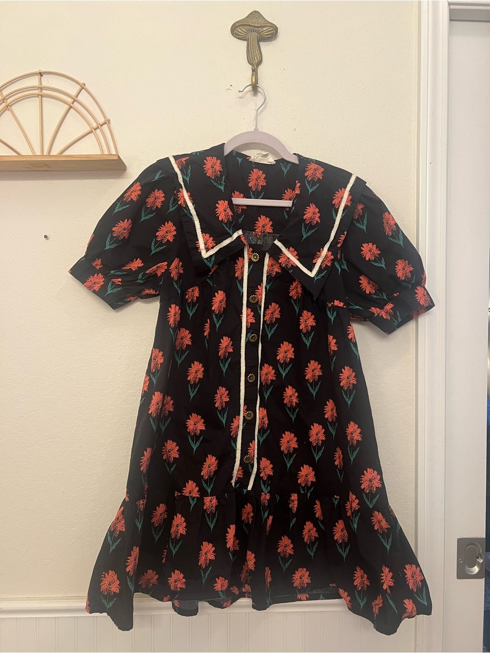 Umgee Black Floral Puff Sleeve Sailor Collar Dress Size Medium